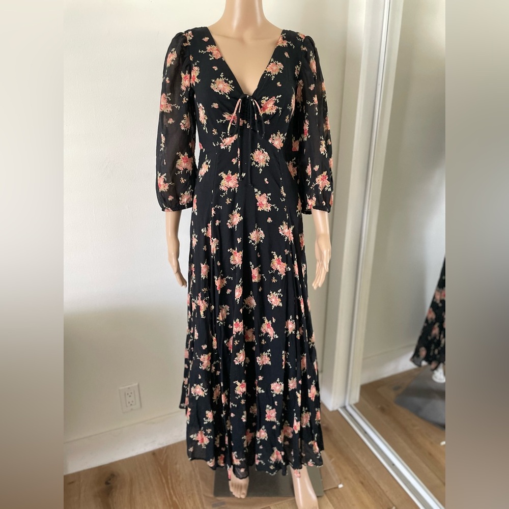Free People Tiered Floral Maxi Dress Asymmetric Hem Layered Black Cottage Boho - Picture 3 of 12